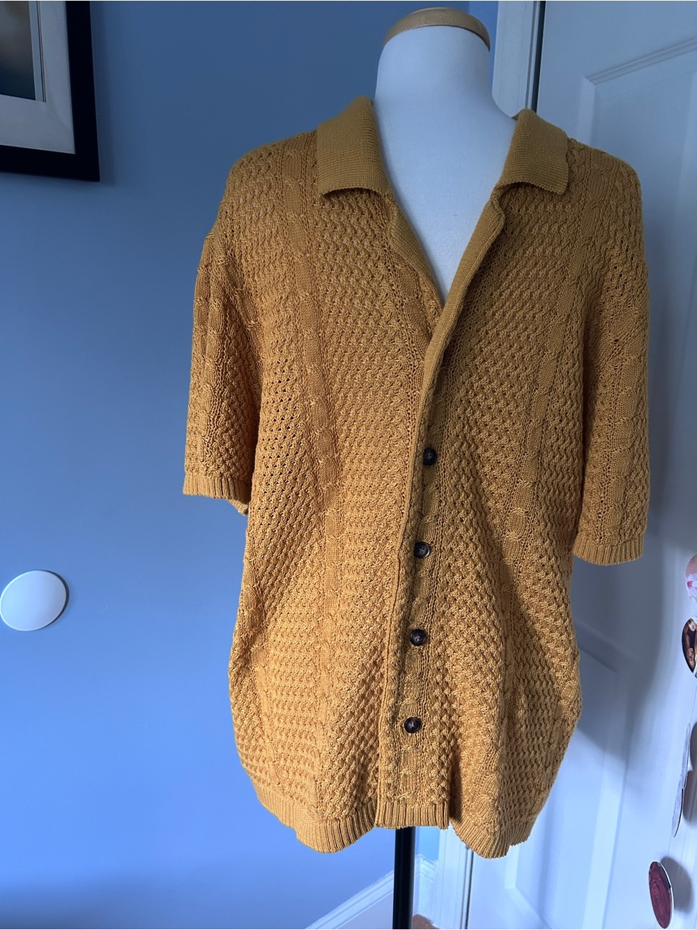 Men's Mustard Knit Button-Up Sweater